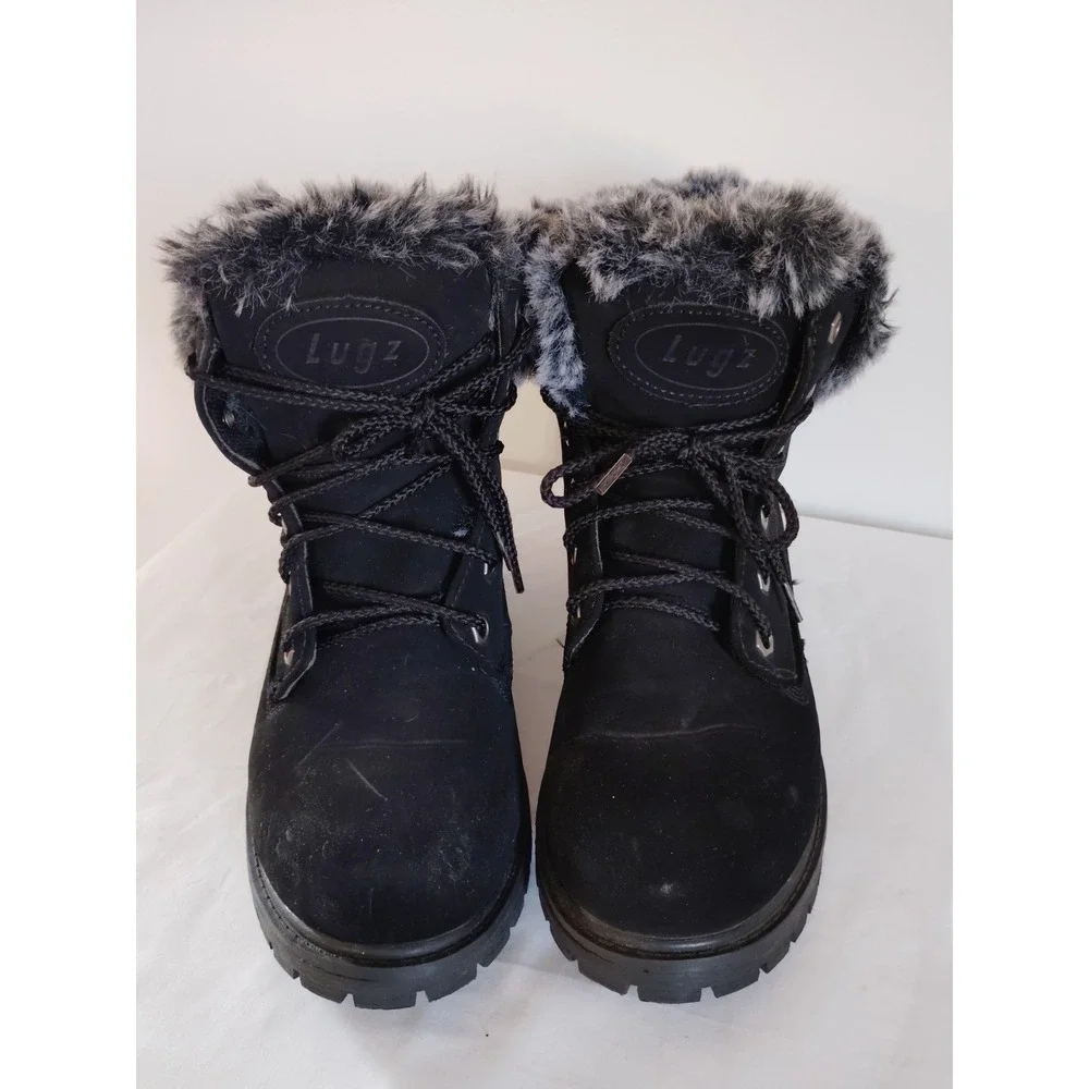 EUC-Lugz Convoy Women 8 Black Faux Fur Lace‑Up Western Winter Chunky Ankle Boots